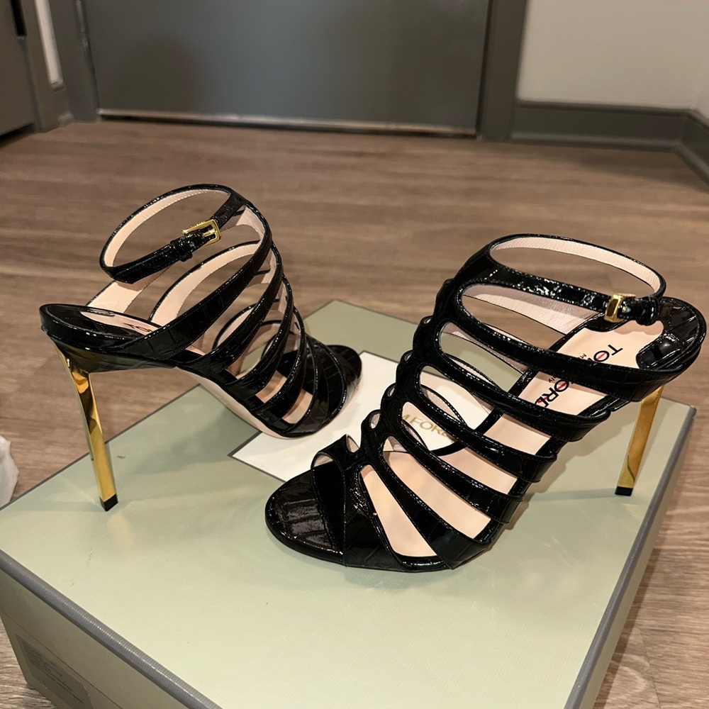 Brand new with box Tom Ford Black and Gold Strappy Heels